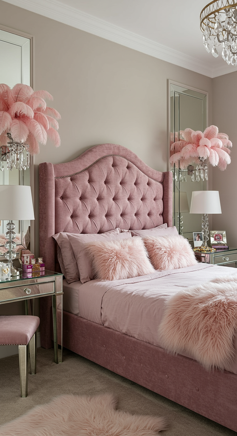 Elegantes rosa Schlafzimmer mit Samtbett, Federlampen und Spiegeltischen.