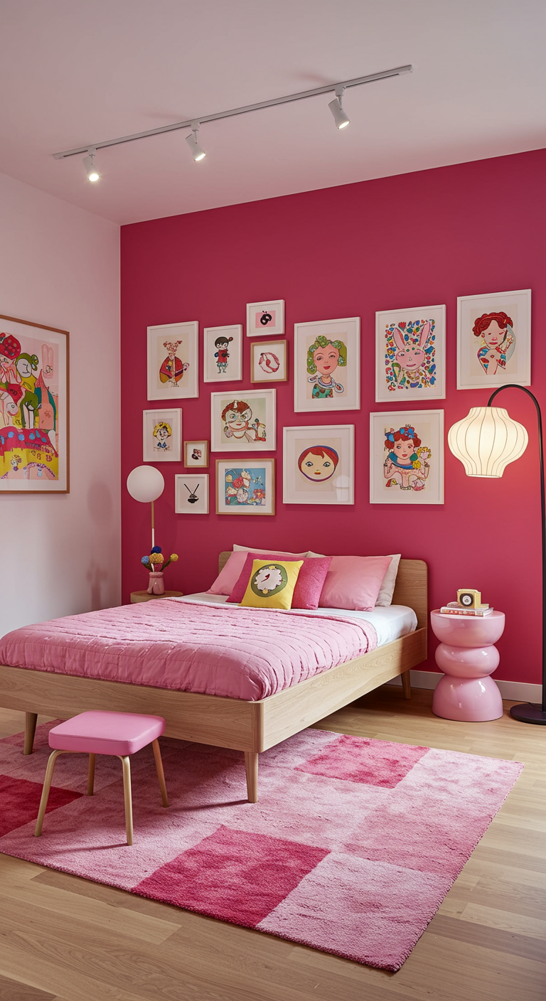 Modernes Schlafzimmer mit pinker Akzentwand und bunter Bildergalerie.
