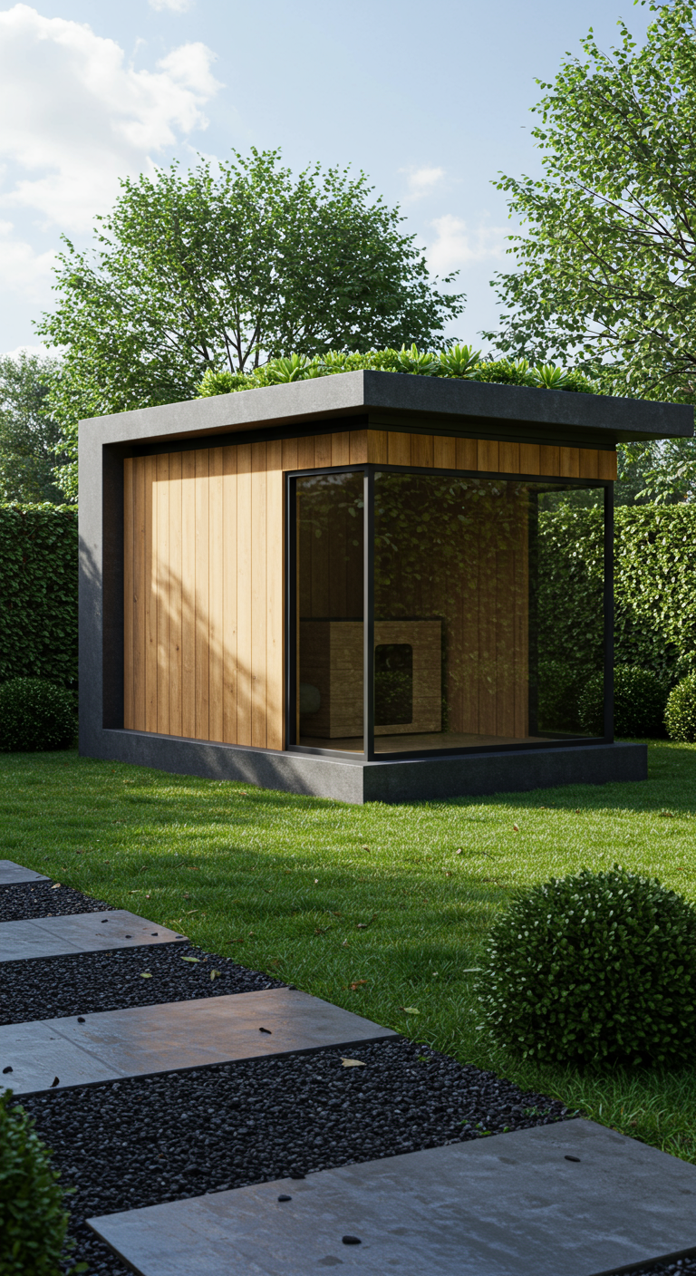 Moderne kubische Hundehütte aus Holz und Beton mit großer Glasfront und Gründach im Garten.