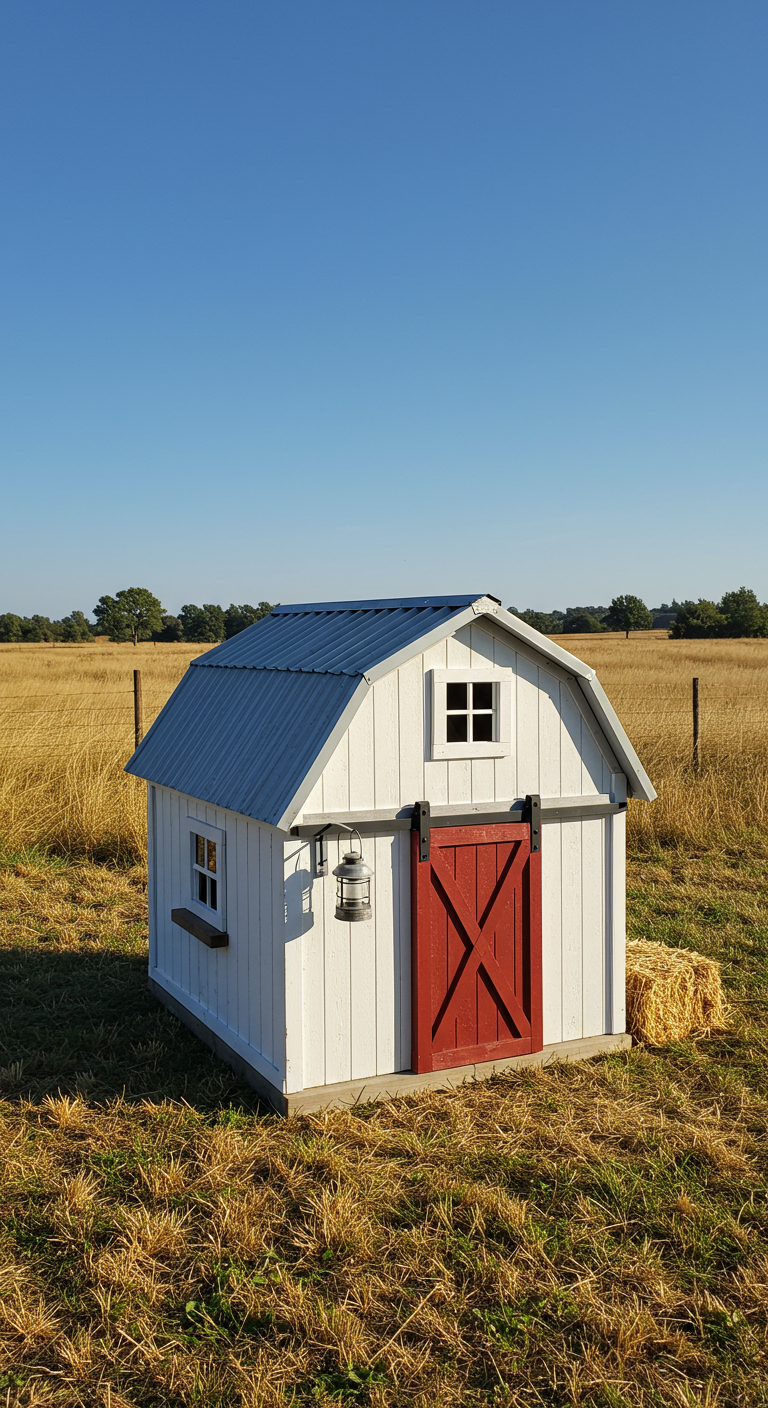 Weiße Scheunen-Hundehütte mit rotem Schiebetor und graum Wellblechdach auf einem Feld.