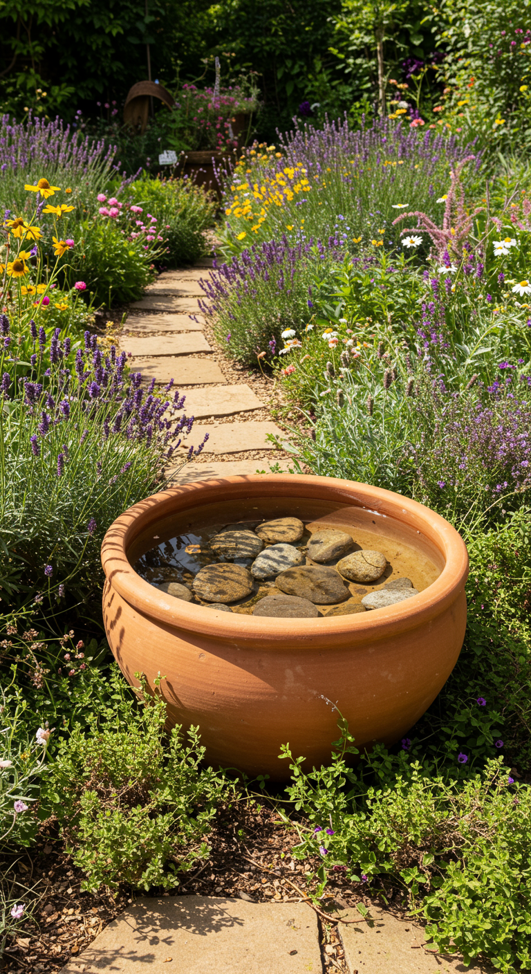 Terrakotta-Schale mit Steinen im Wasser, umgeben von blühendem Lavendel und anderen Blumen.
