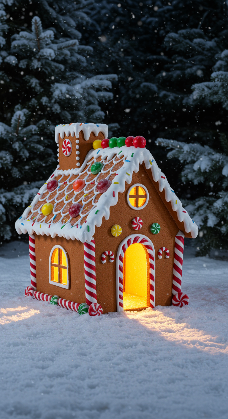 Dekoriertes Lebkuchenhaus als Hundehütte im Schnee mit bunten Süßigkeiten.