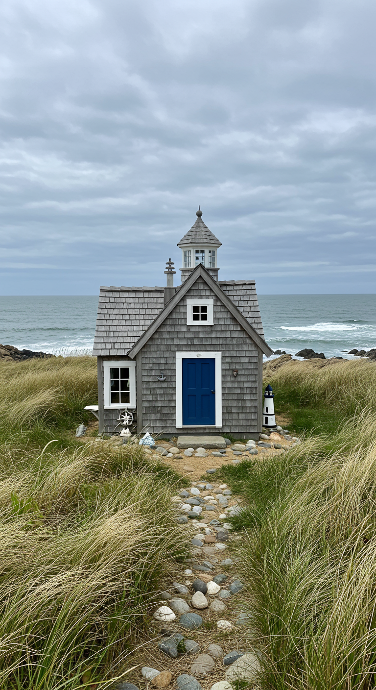 Graue Leuchtturm-Hundehütte mit blauem Tor und Leuchtturm-Deko am Strand.