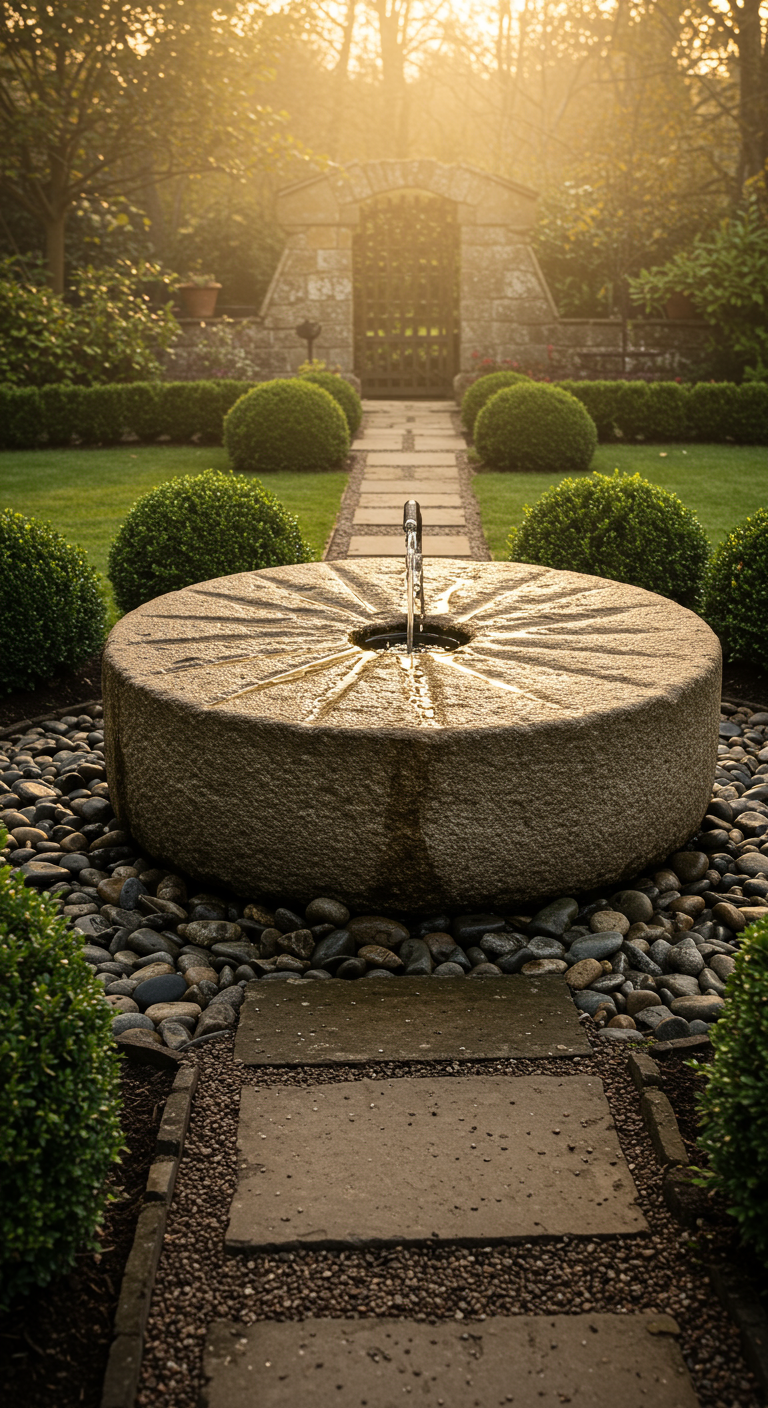 Großer, runder Mühlstein-Brunnen in einem formalen Garten, umgeben von Kies und Buchsbaumkugeln.