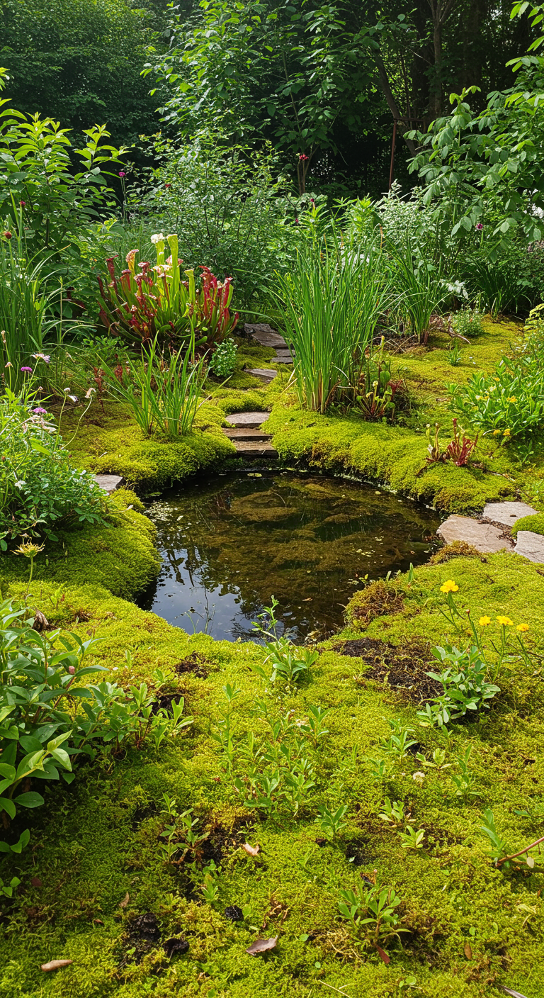 Kleiner Gartenteich, umgeben von dichtem, grünem Moos und fleischfressenden Pflanzen.