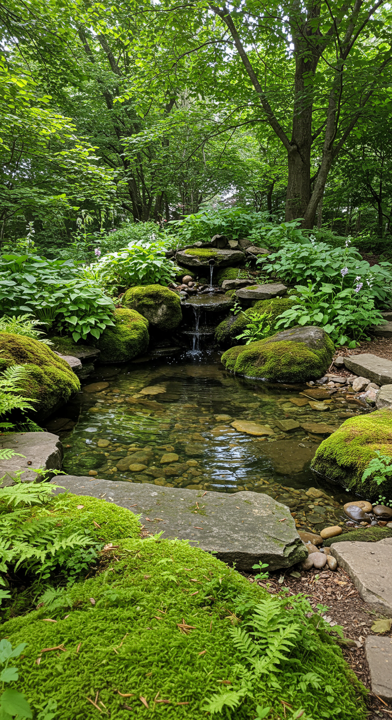 Natürlicher Gartenteich mit Wasserfall, umgeben von moosbewachsenen Steinen und üppigem Grün.