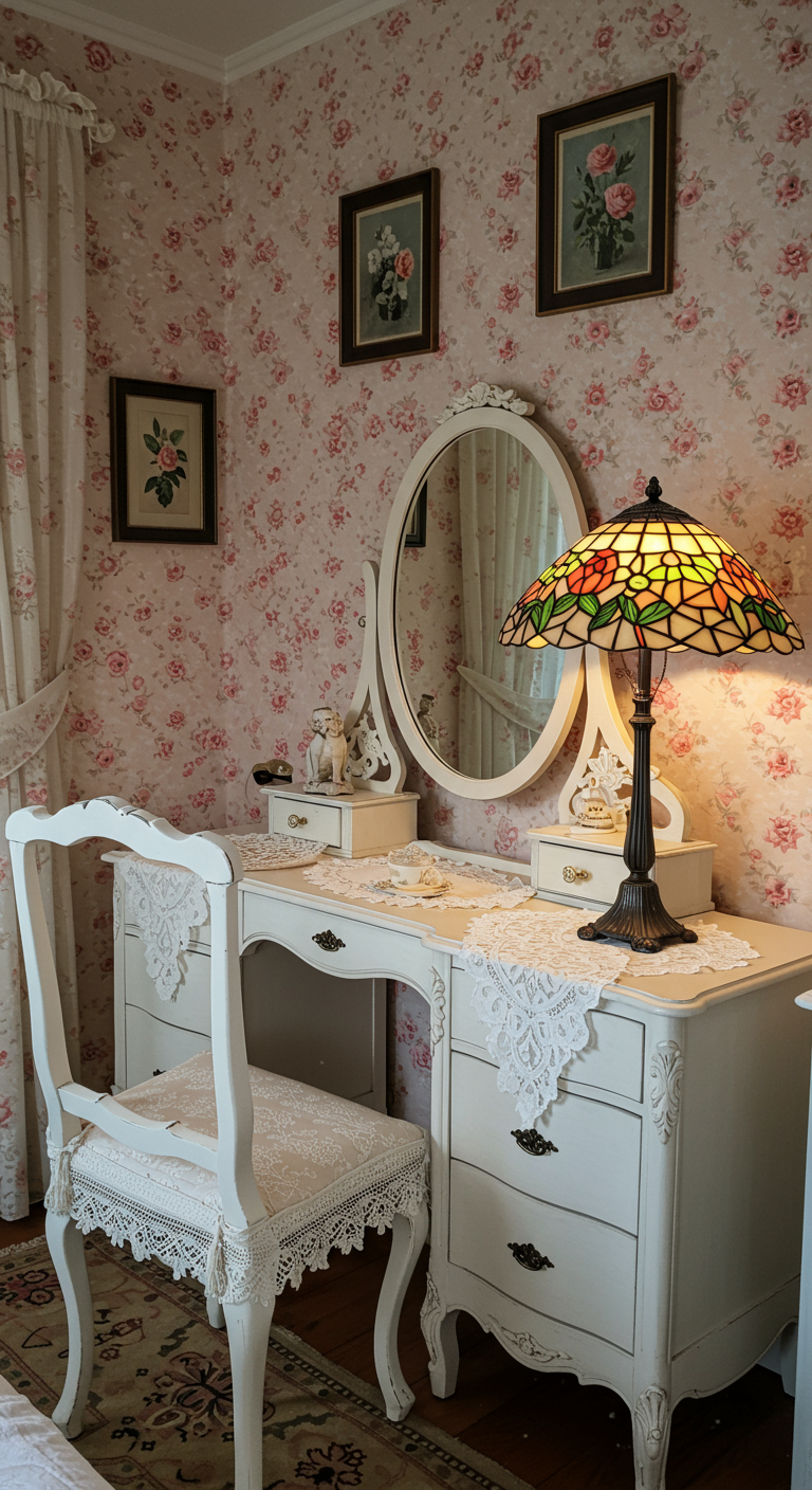 Vintage Schminktisch mit Spiegel vor rosa Blumentapete und Tiffany-Lampe.