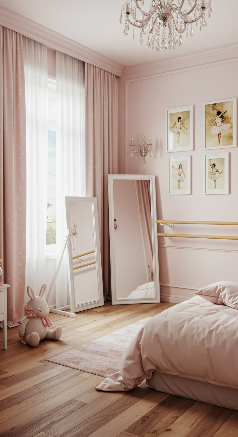 Rosa Ballet-Zimmer mit Ballettstange, Spiegeln und Kronleuchter.