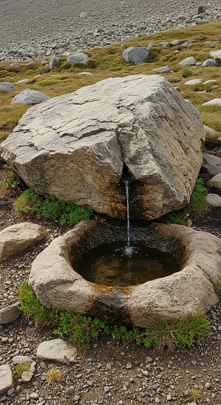 Großer, gespaltener Naturstein mit einem kleinen Quellwasserlauf, der in ein Steinbecken fließt.