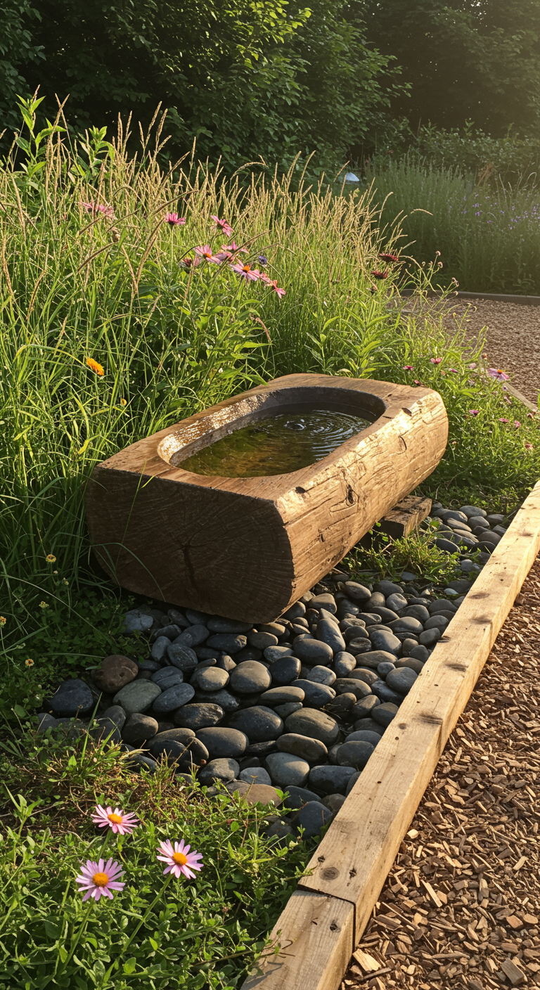 Ausgehöhlter Baumstamm als Wassertränke, umgeben von Kies und Wildblumen, in warmem Abendlicht.