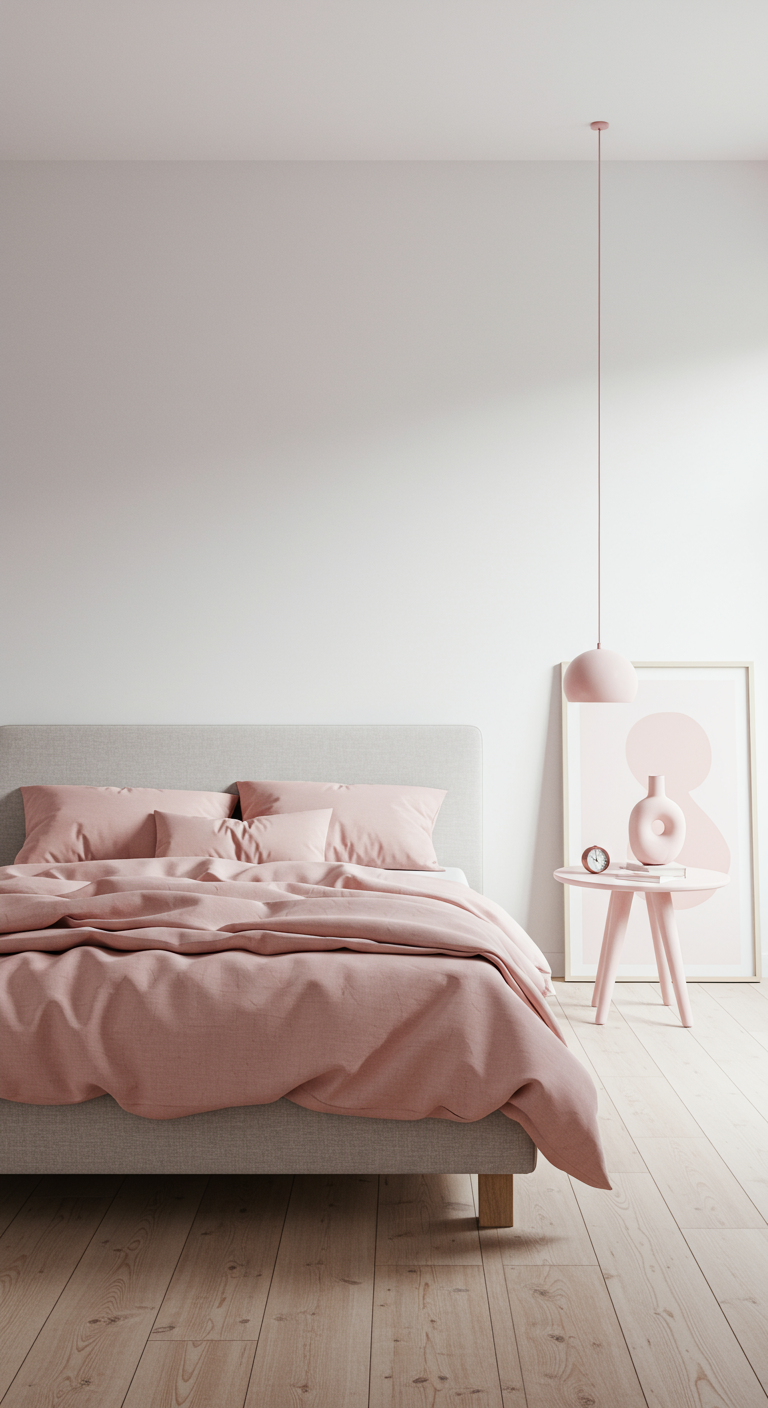 Minimalistisches Schlafzimmer mit grauem Bett, rosa Bettwäsche und Holzboden.