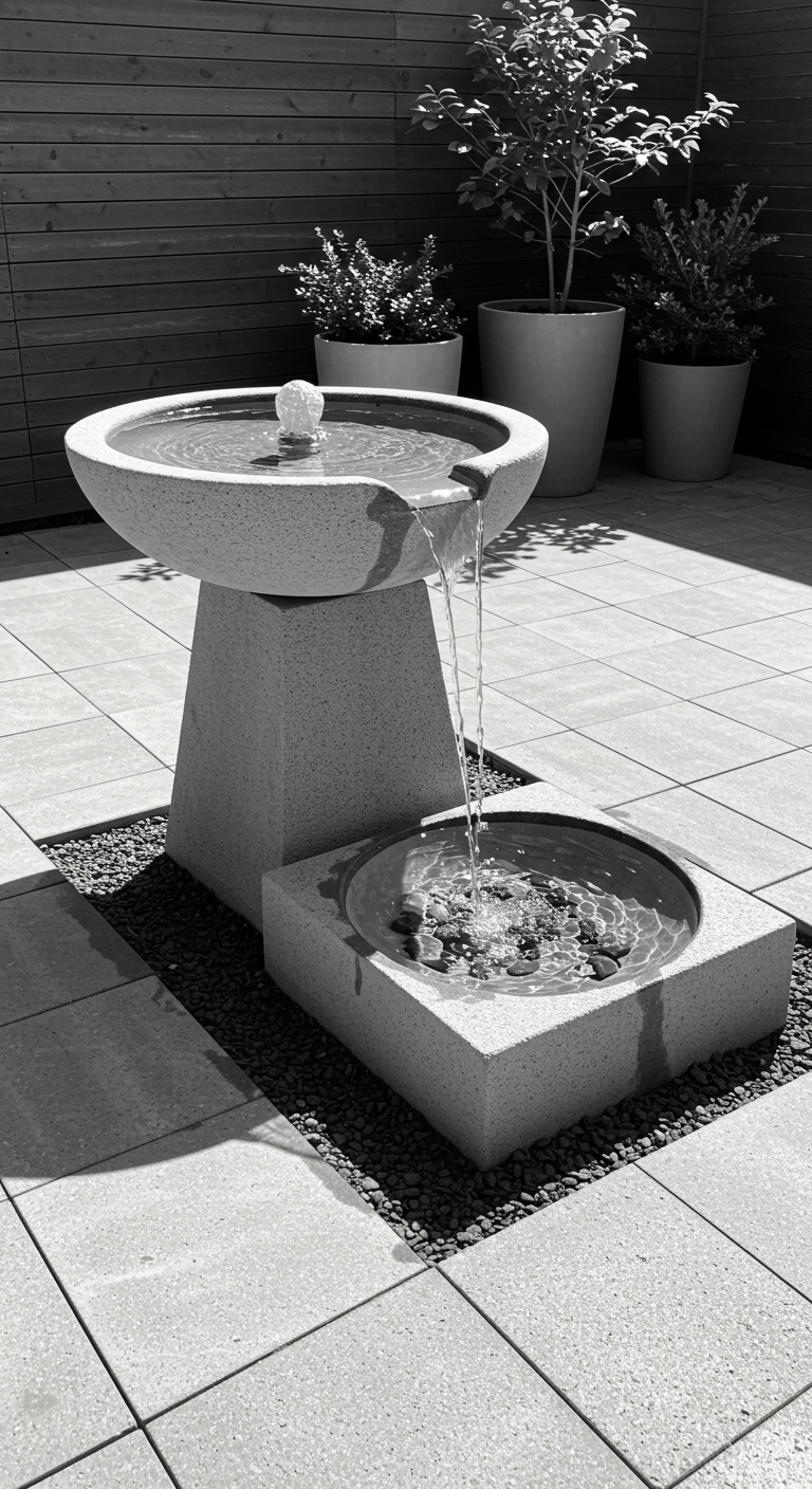 Moderner, zweistufiger Wasserspender in Schwarz-Weiß mit schalenförmigem Oberteil und quadratischem Becken.