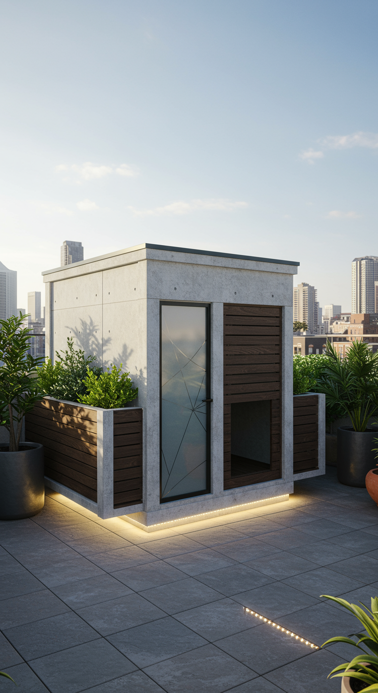 Moderne kubische Hundehütte aus Beton und Holz auf einer beleuchteten Dachterrasse.