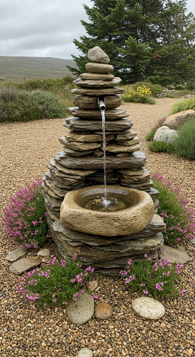 Hoher Brunnen aus gestapelten Schieferplatten mit Wasserstrahl und kleinem Steinbecken, umgeben von Heidekraut.