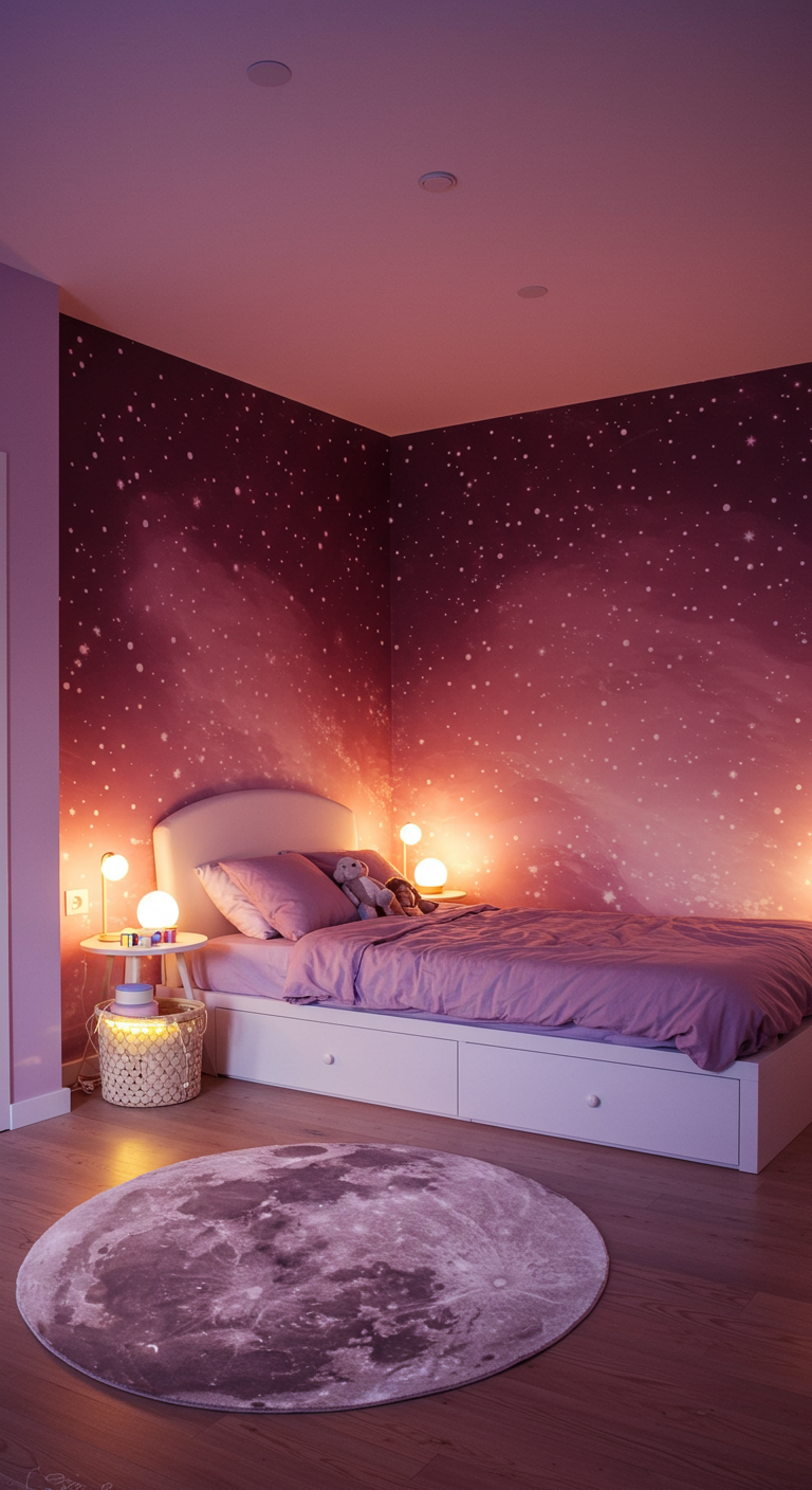 Kinderzimmer mit galaktischer Wandmalerei, Mond-Teppich und sanfter Beleuchtung.