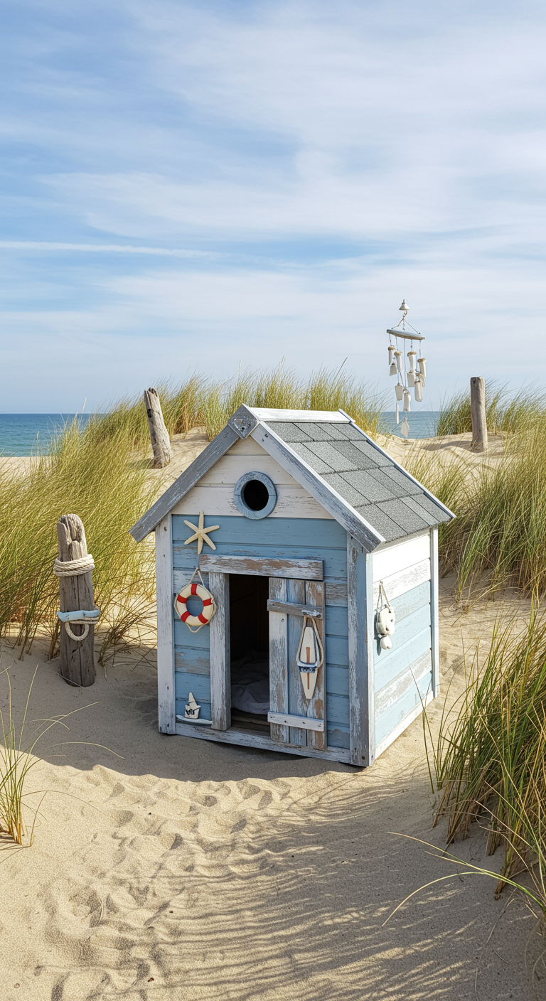 Blaue und weiße Strandhütte mit maritimer Deko im Sand, umgeben von Dünengras.