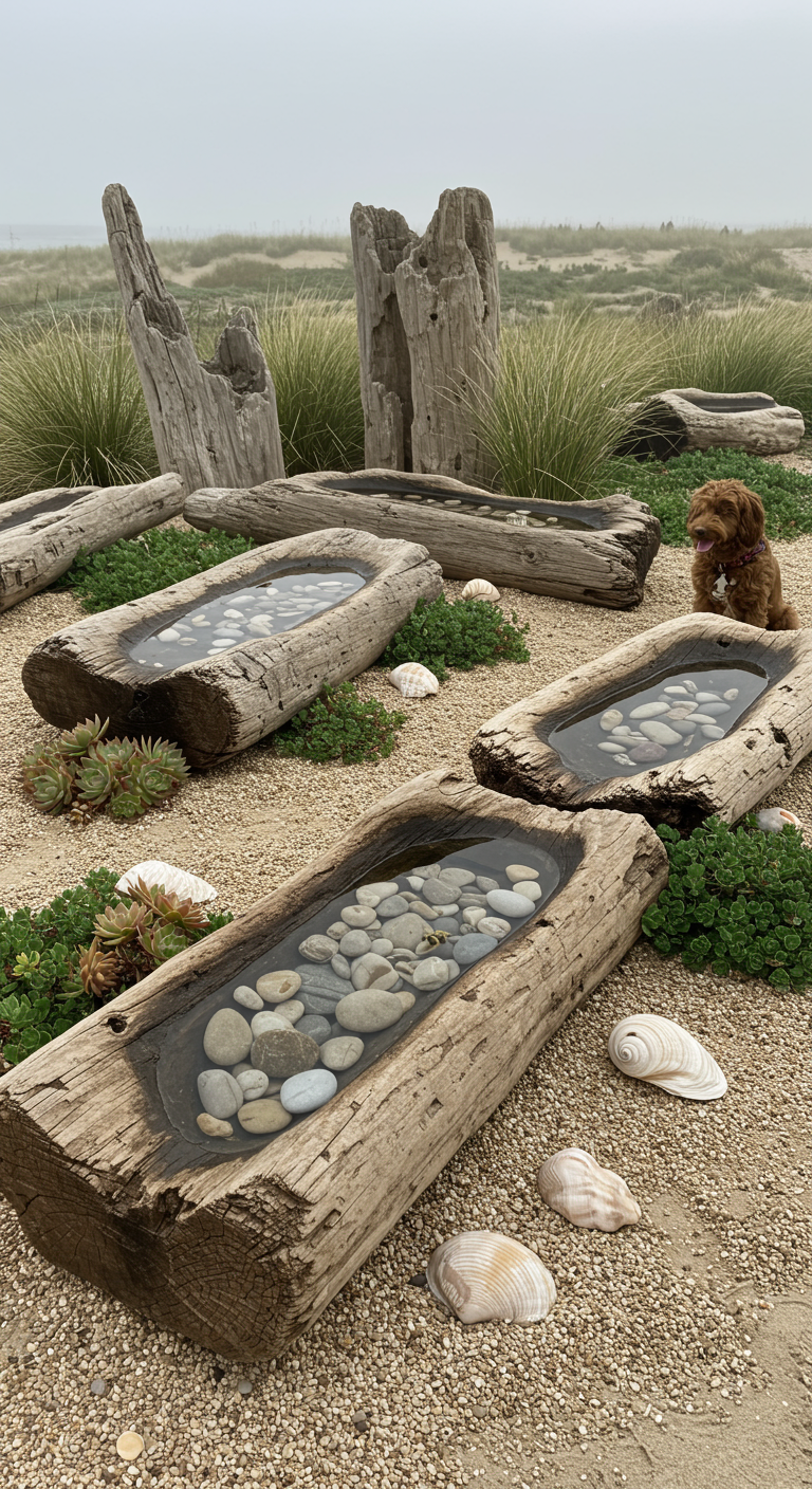 Mehrere ausgehöhlte Treibholzstämme als Wasserbecken auf Sand, mit Muscheln und einem Hund.