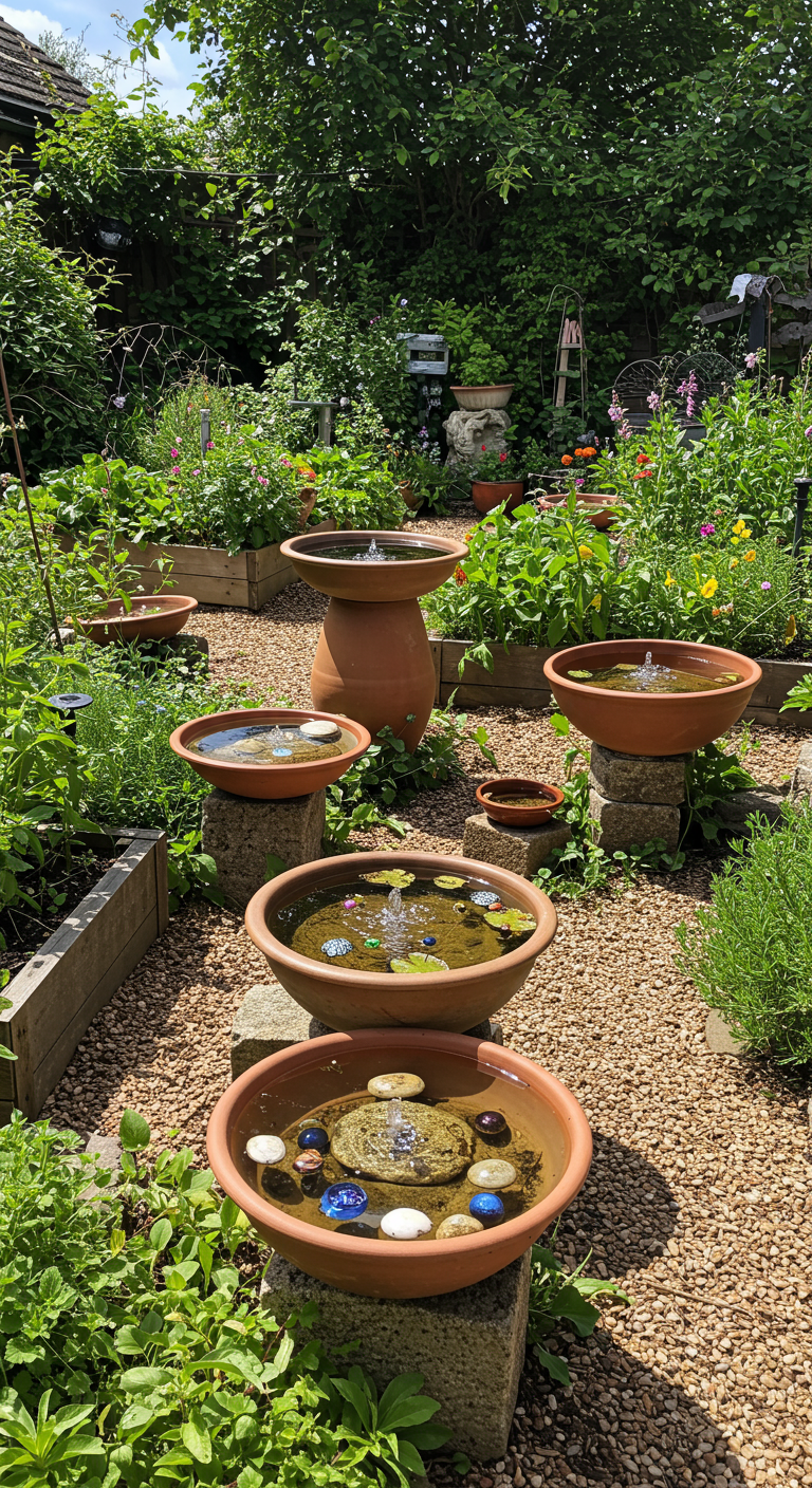 Ansammlung von Terrakotta-Schalen auf verschiedenen Höhen, als Vogeltränken und Wasserspiele im Garten.