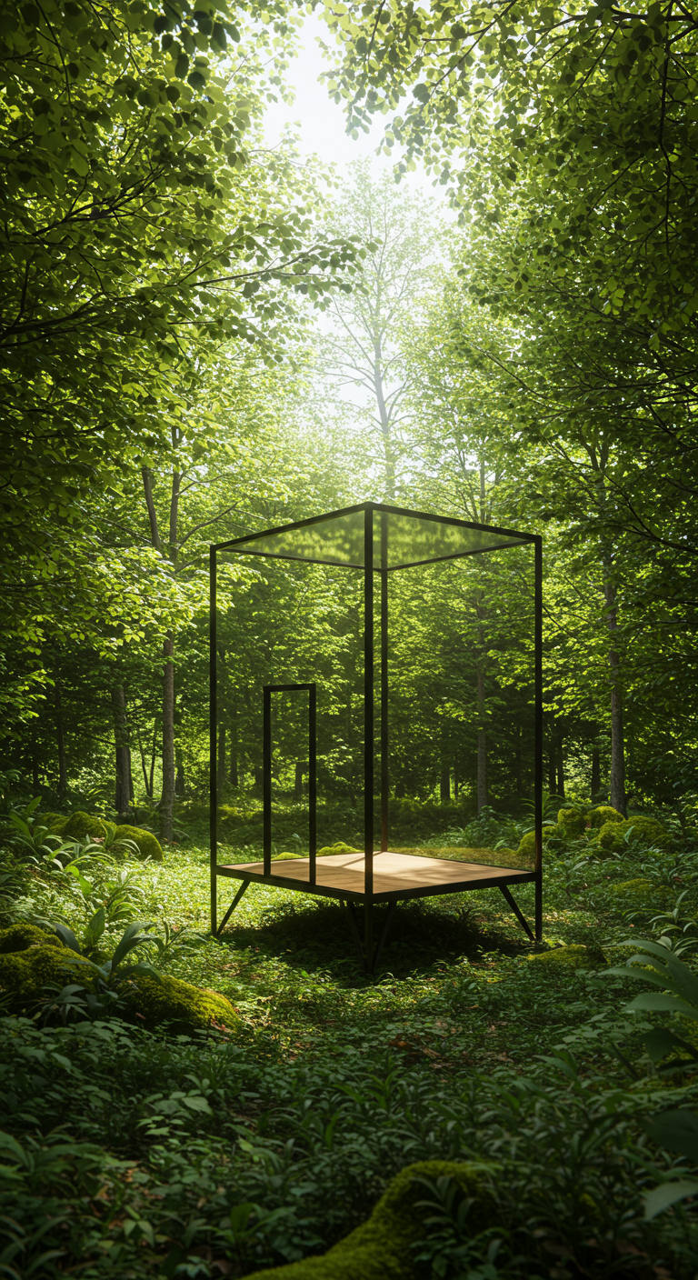 Minimalistischer Glaskubus als Hundehütte im dichten grünen Wald mit Lichtschein.