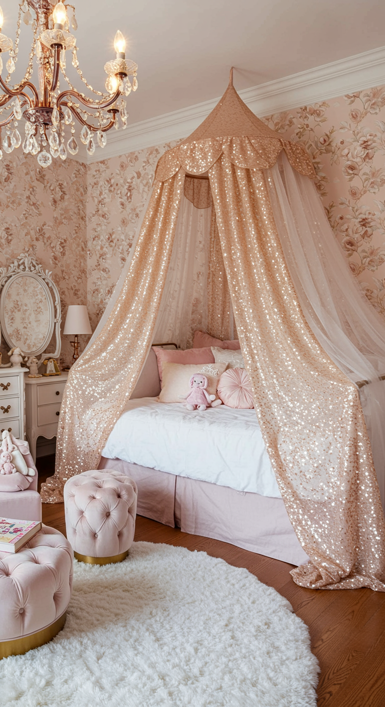 Rosa Kinderzimmer mit Pailletten-Betthimmel, Kronleuchter und Vintage-Möbeln.