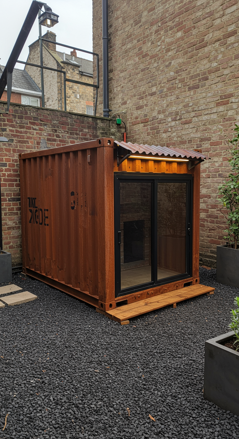Umgebaute rostige Container-Hundehütte mit Glasfront und Holzpodest im modernen Garten.