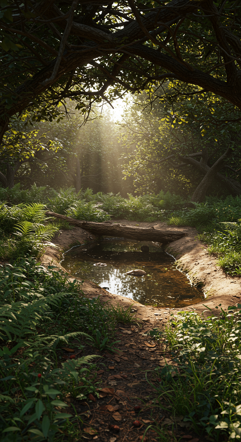 Versteckter Waldtümpel mit Sonnenstrahlen, die durch die Baumwipfel fallen, und einem Baumstamm.