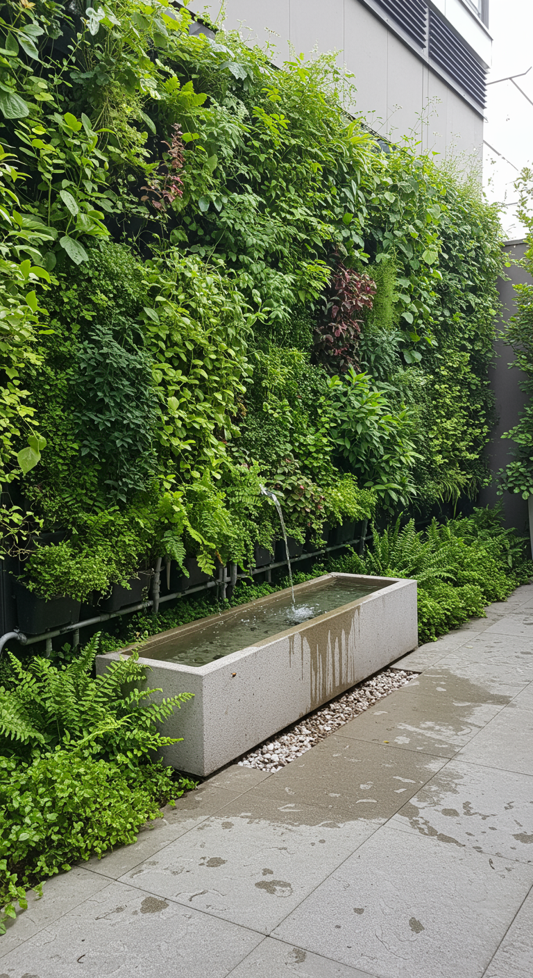 Moderner, vertikaler Garten an einer Wand mit einem langen, schlanken Wassertrog davor.
