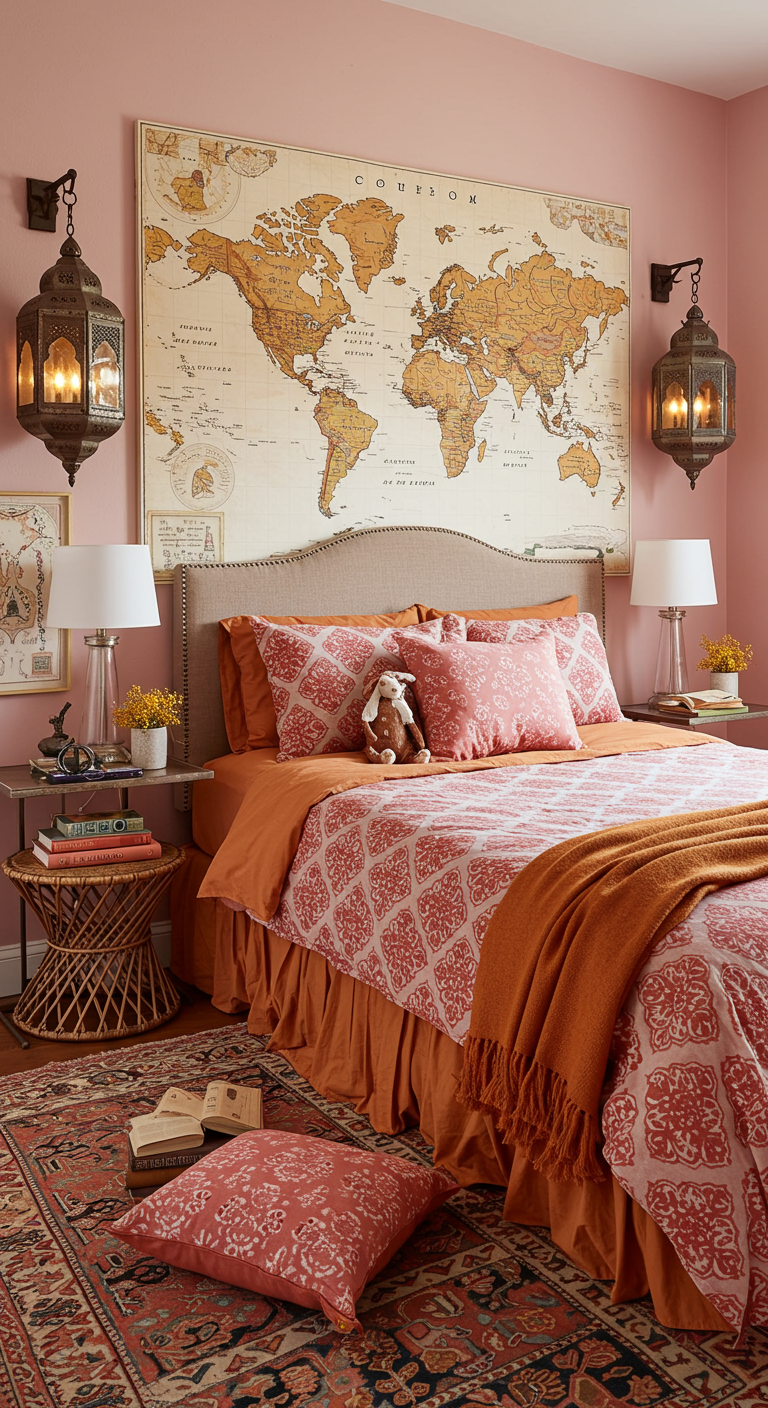 Schlafzimmer mit großer Weltkarte, rosa Wänden und orangefarbenen Akzenten.