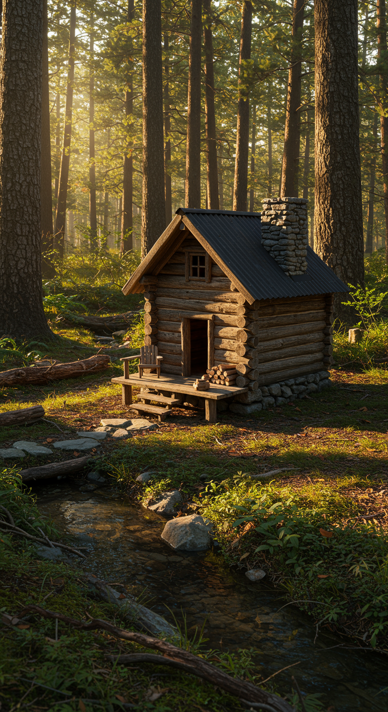 Rustikale Blockhütte aus Holz mit Steinkamin am Waldesrand, umgeben von Bäumen.