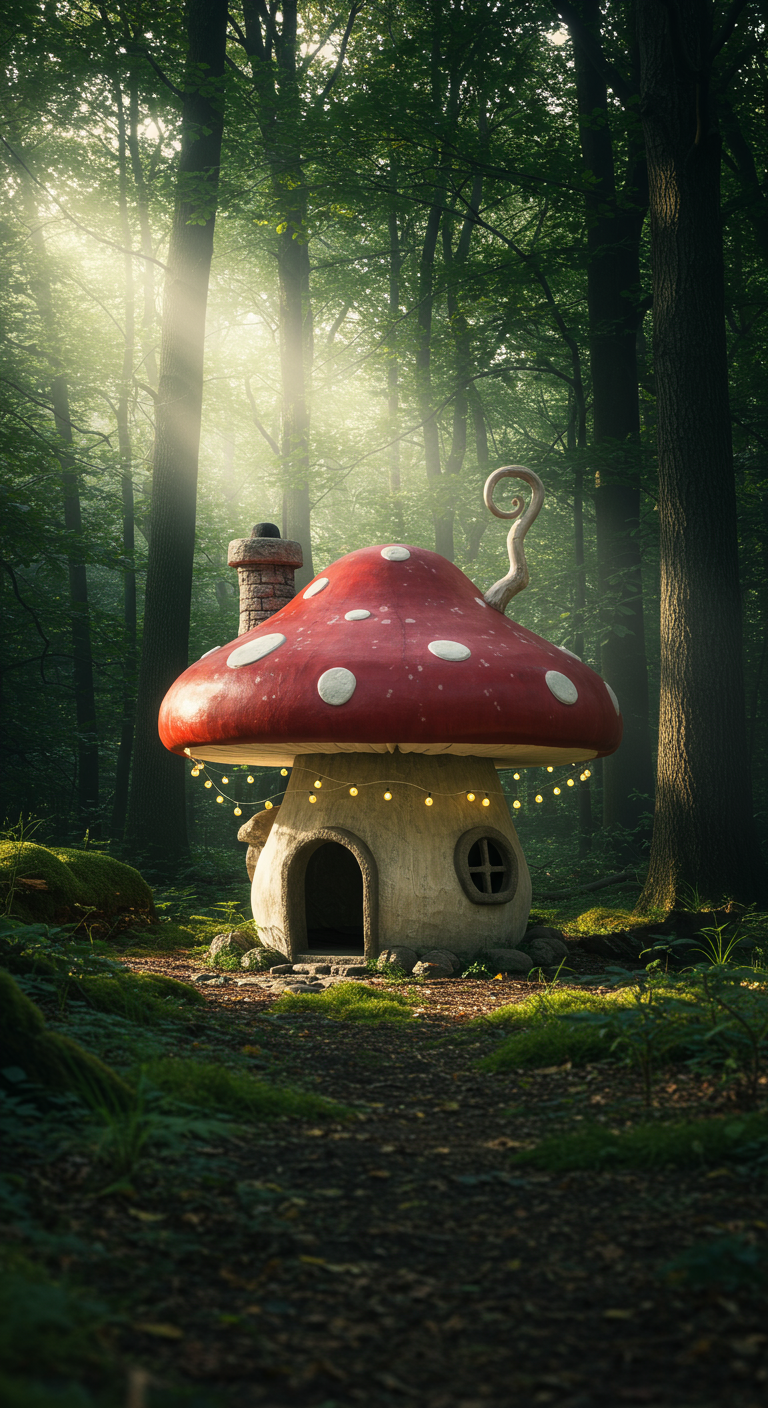 Märchenhaftes rotes Pilzhaus mit Lichterketten im Wald, wie aus einem Kinderbuch.
