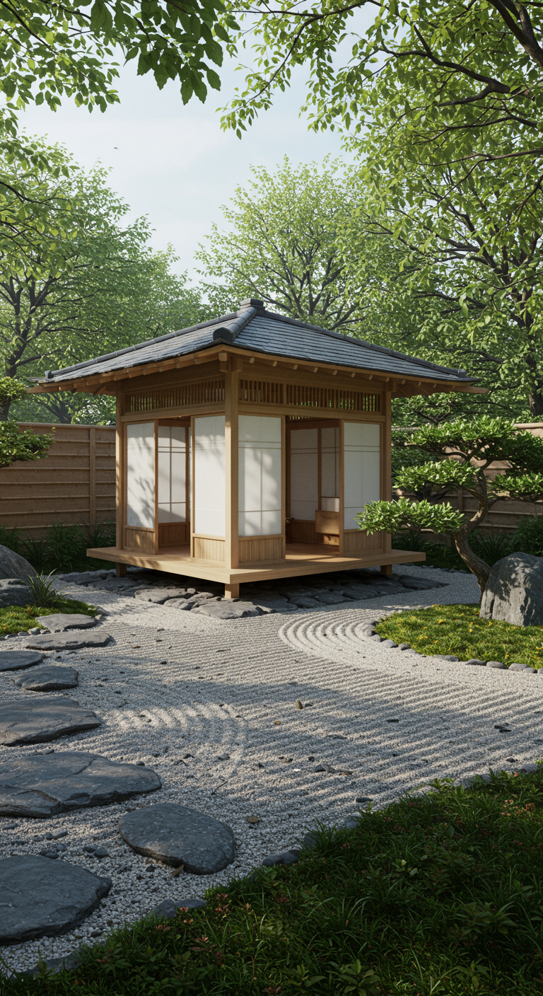 Japanisches Teehaus als Hundehütte im Zen-Garten mit Kies, Steinen und grünen Bäumen.