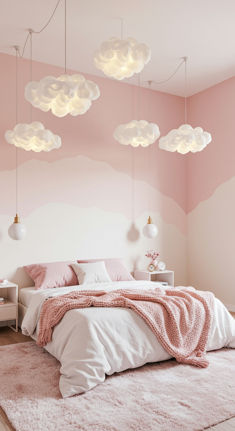 Modernes Schlafzimmer mit rosa Wolken-Wandmalerei und Wolkenlampen.