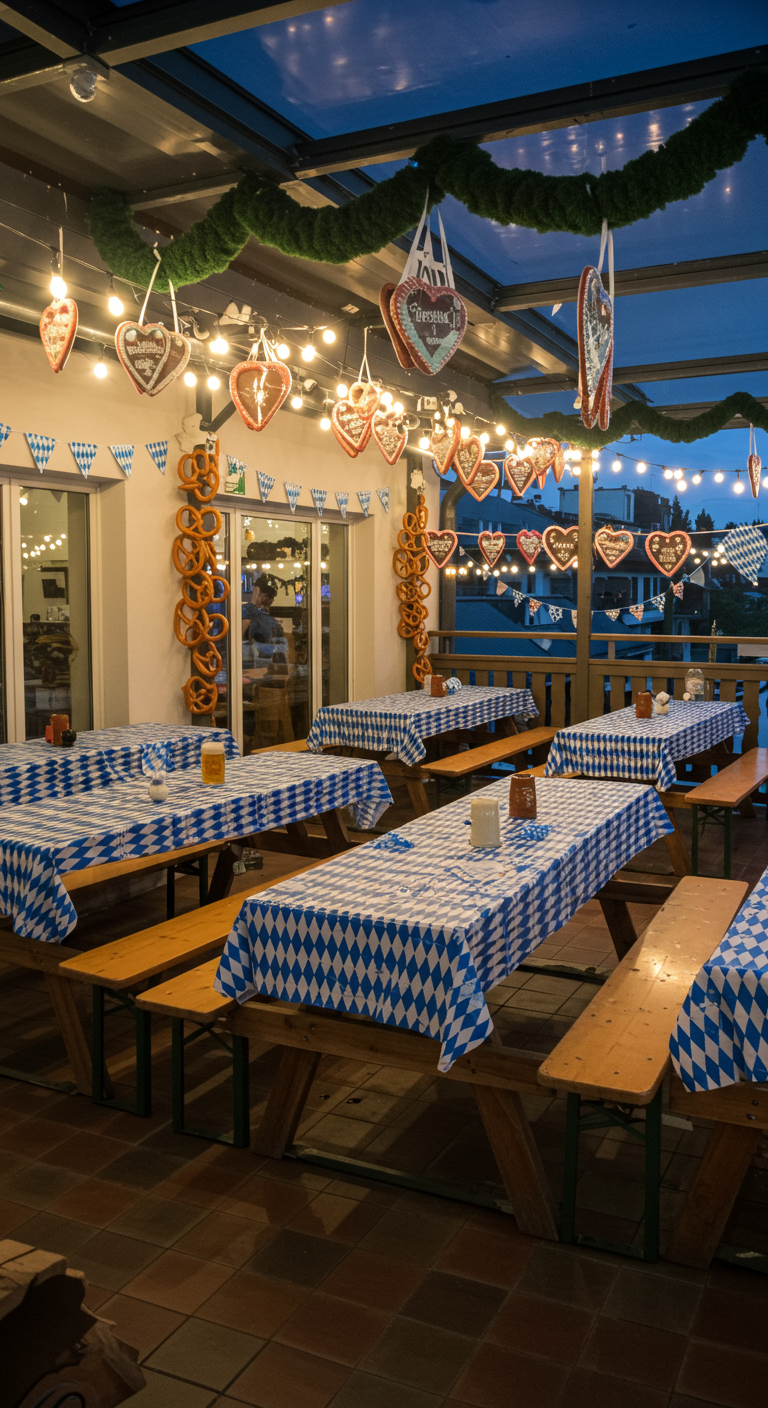 Großer Balkon dekoriert für ein Oktoberfest mit blau-weißen Tischdecken und Lebkuchenherzen.