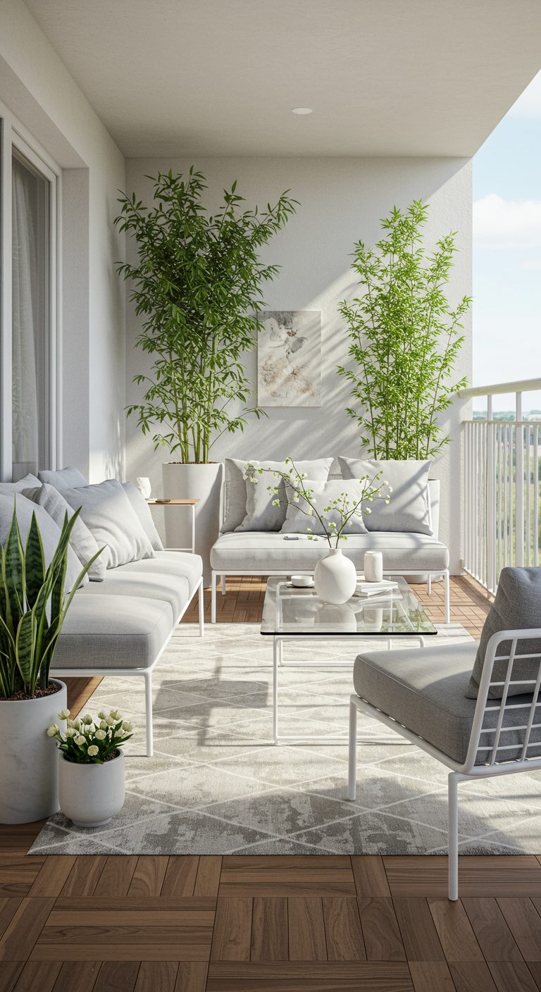 Heller Balkon mit Bambuspflanzen, weißen Loungemöbeln und Holzboden.