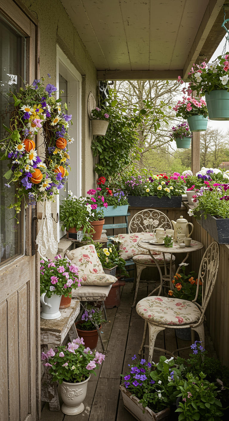 Üppig bepflanzter Balkon im Cottage-Stil mit Vintage-Möbeln und Blumenkranz.
