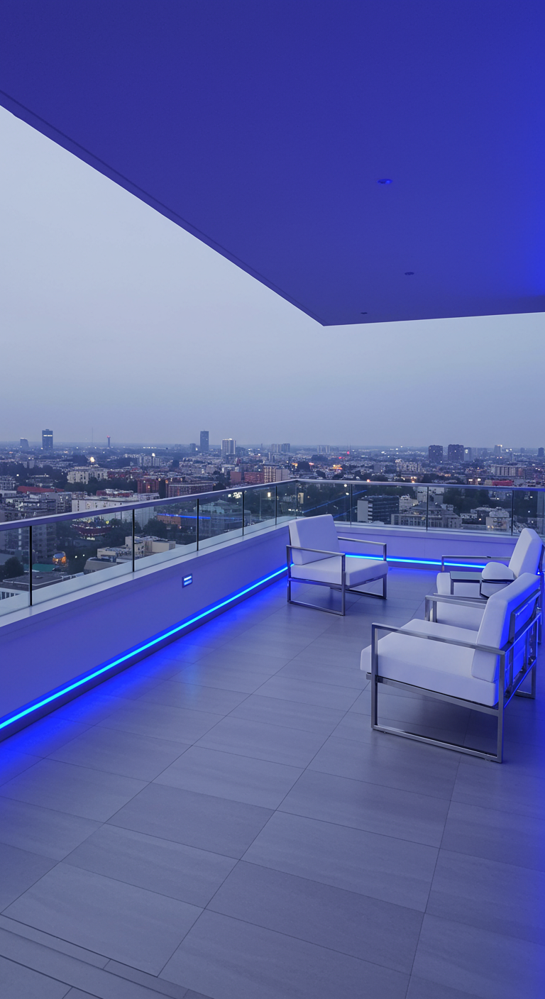 Großer Balkon mit weißen Loungemöbeln und blauer LED-Beleuchtung an der Brüstung bei Dämmerung.