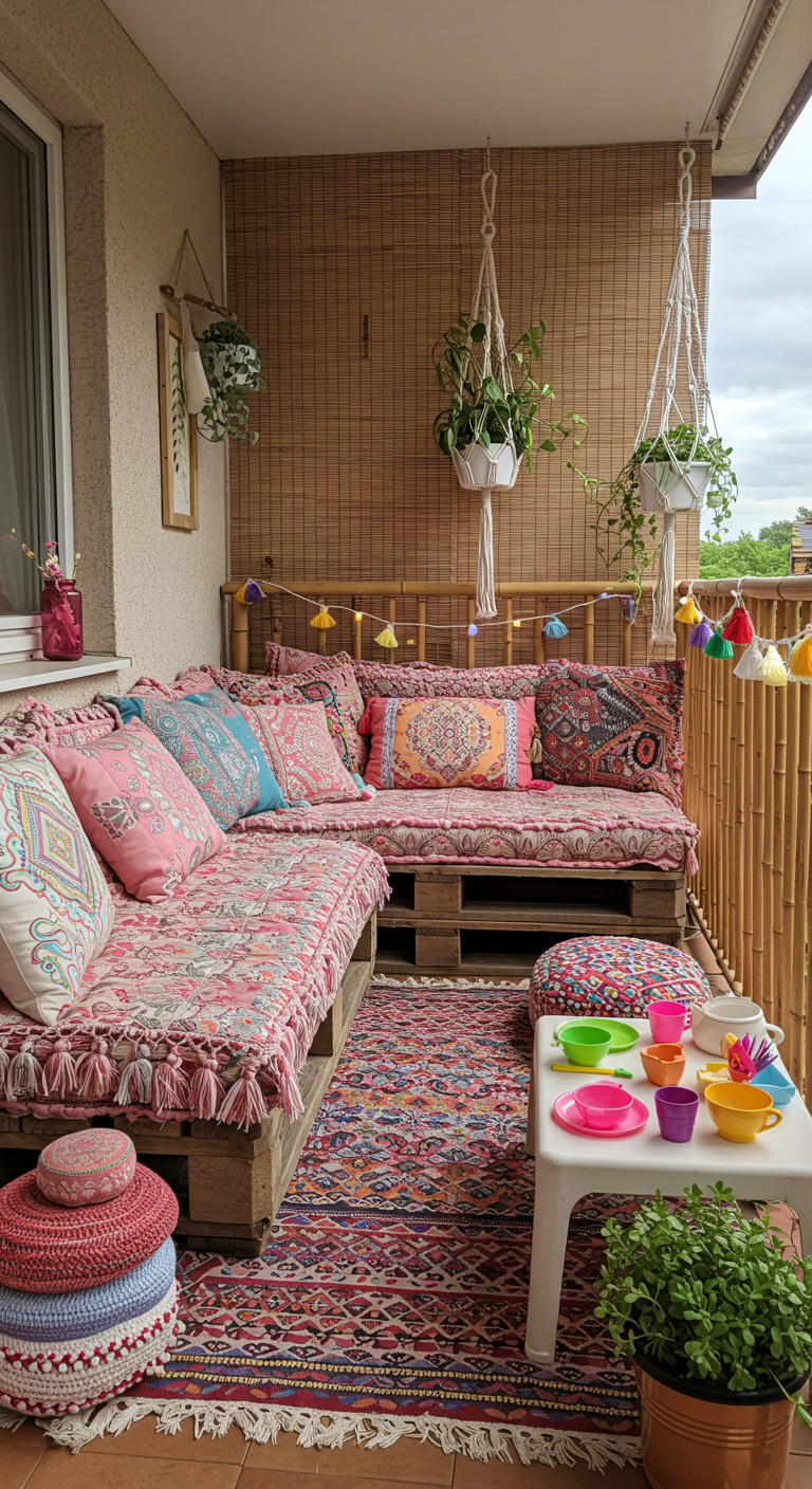Boho-Balkon mit Palettensofa, bunten Kissen, Teppich und Kindertisch.