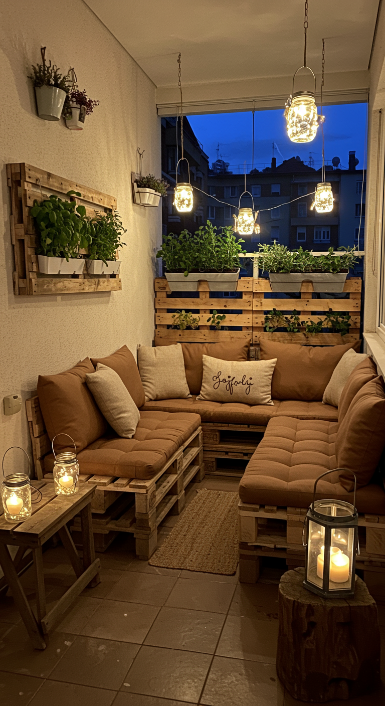Gemütliche Palettenlounge auf dem Balkon mit Hängelichtern und Kräuterwand.