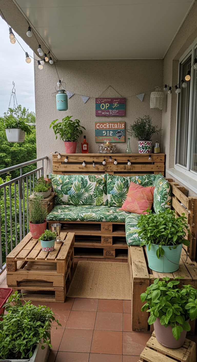 Balkon-Lounge aus Europaletten mit tropischen Kissen und vielen Kräutertöpfen.
