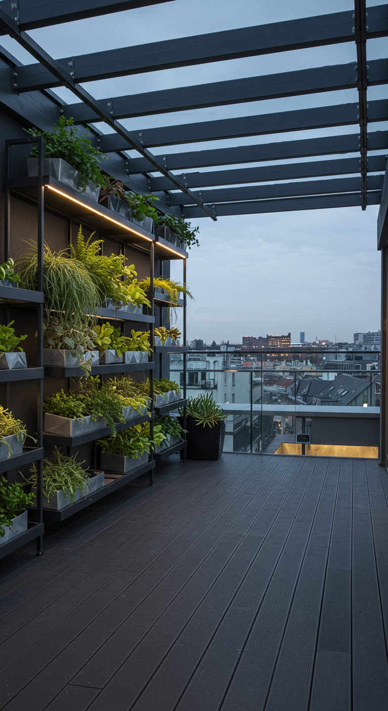 Moderne Dachterrasse mit beleuchtetem Pflanzenregal und Stadtblick.