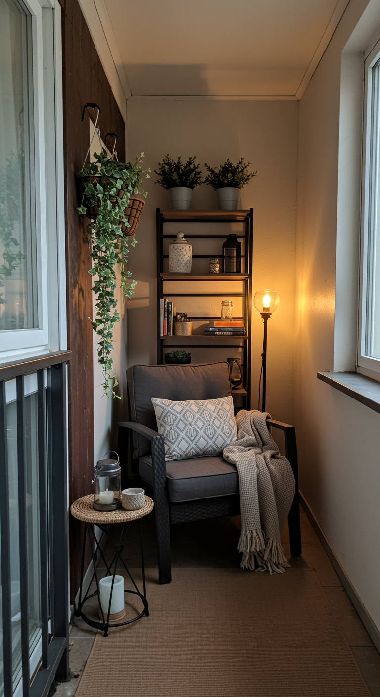Gemütliche Leseecke auf kleinem Eckbalkon mit Sessel, Regal und warmer Beleuchtung.