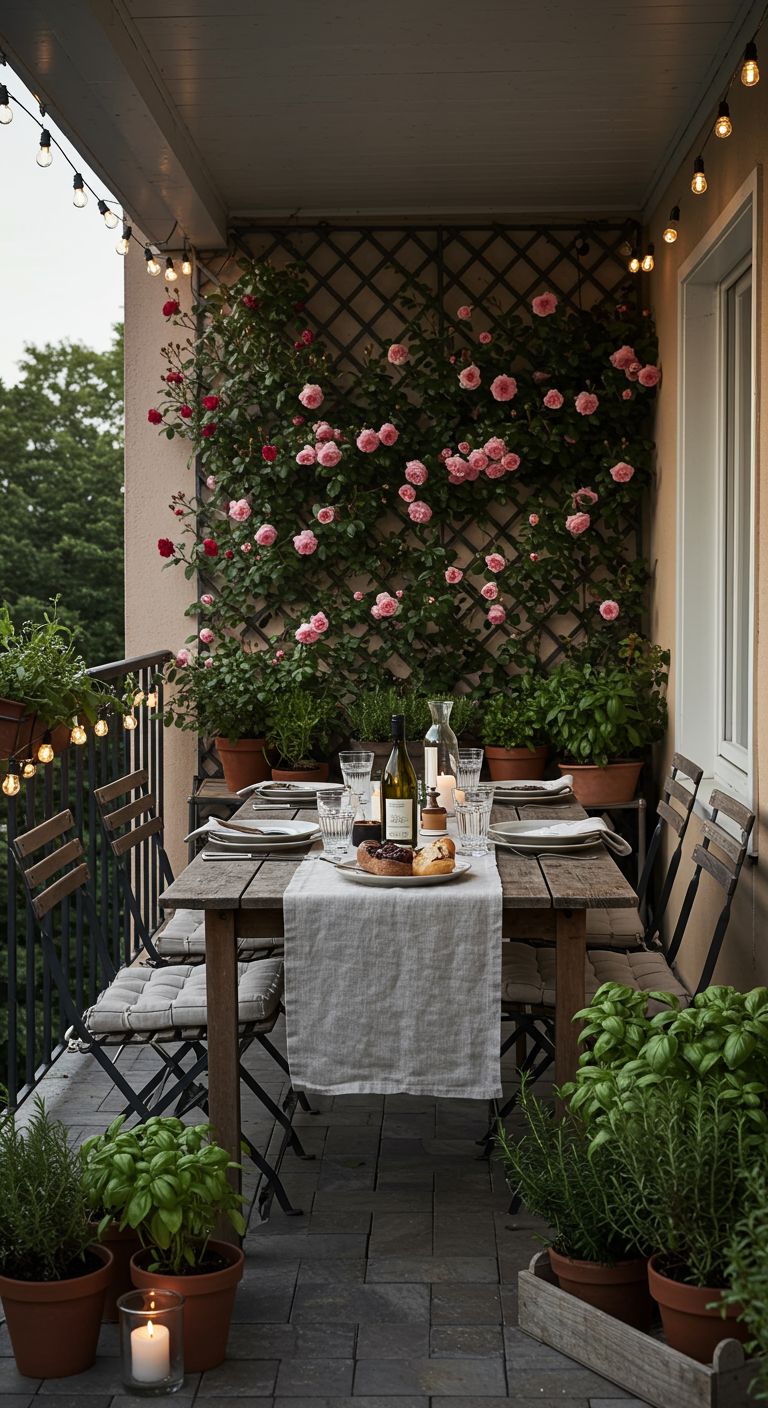 Balkon-Esstisch mit Kletterrosen, Kräutern und gedecktem Tisch.
