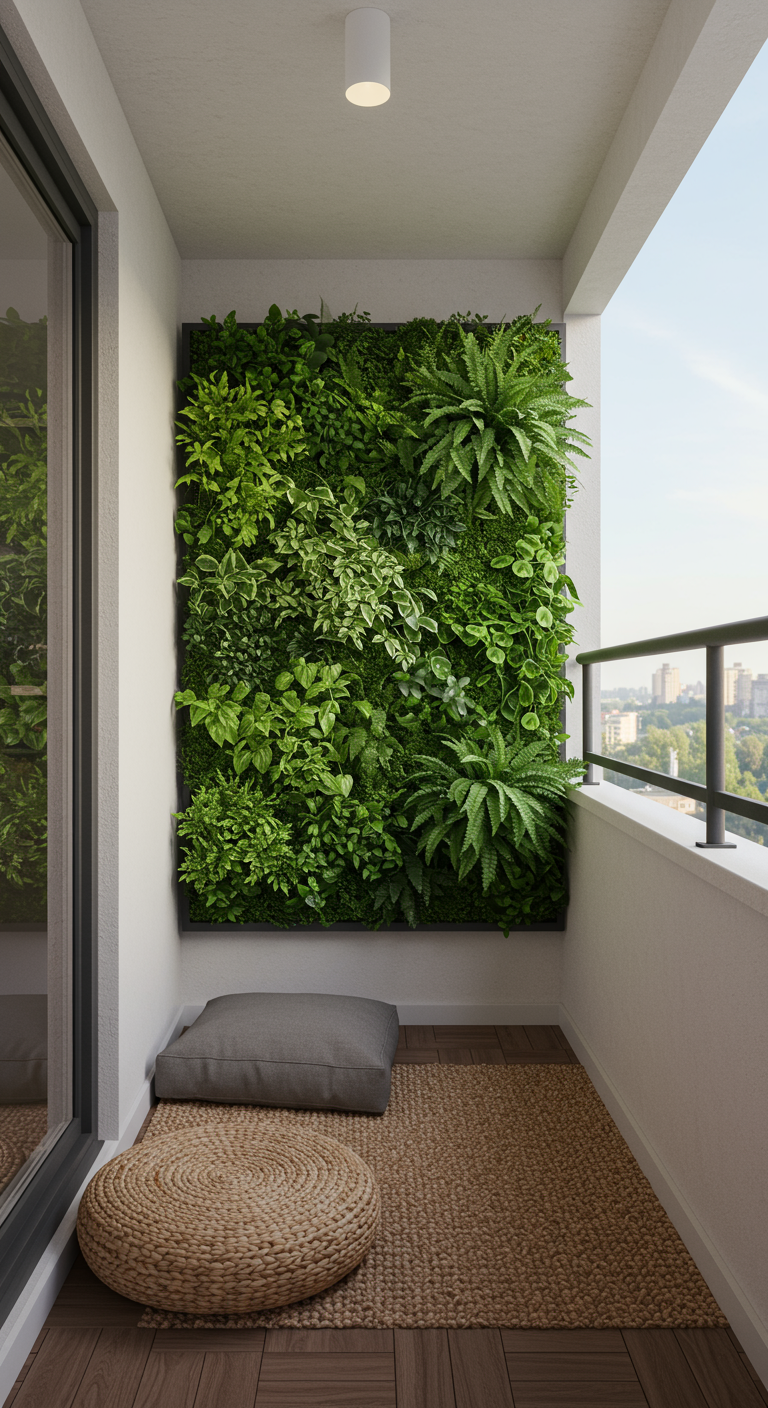 Üppige vertikale Pflanzenwand auf einem kleinen Balkon mit Bodenkissen davor.