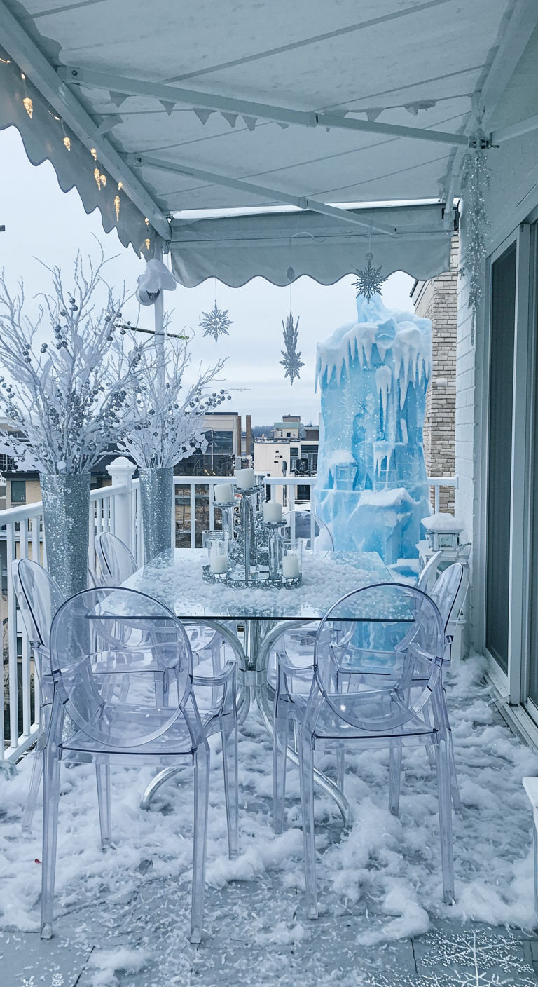 Balkon im Eis-Thema mit weißen und silbernen Dekoelementen und transparenten Stühlen.