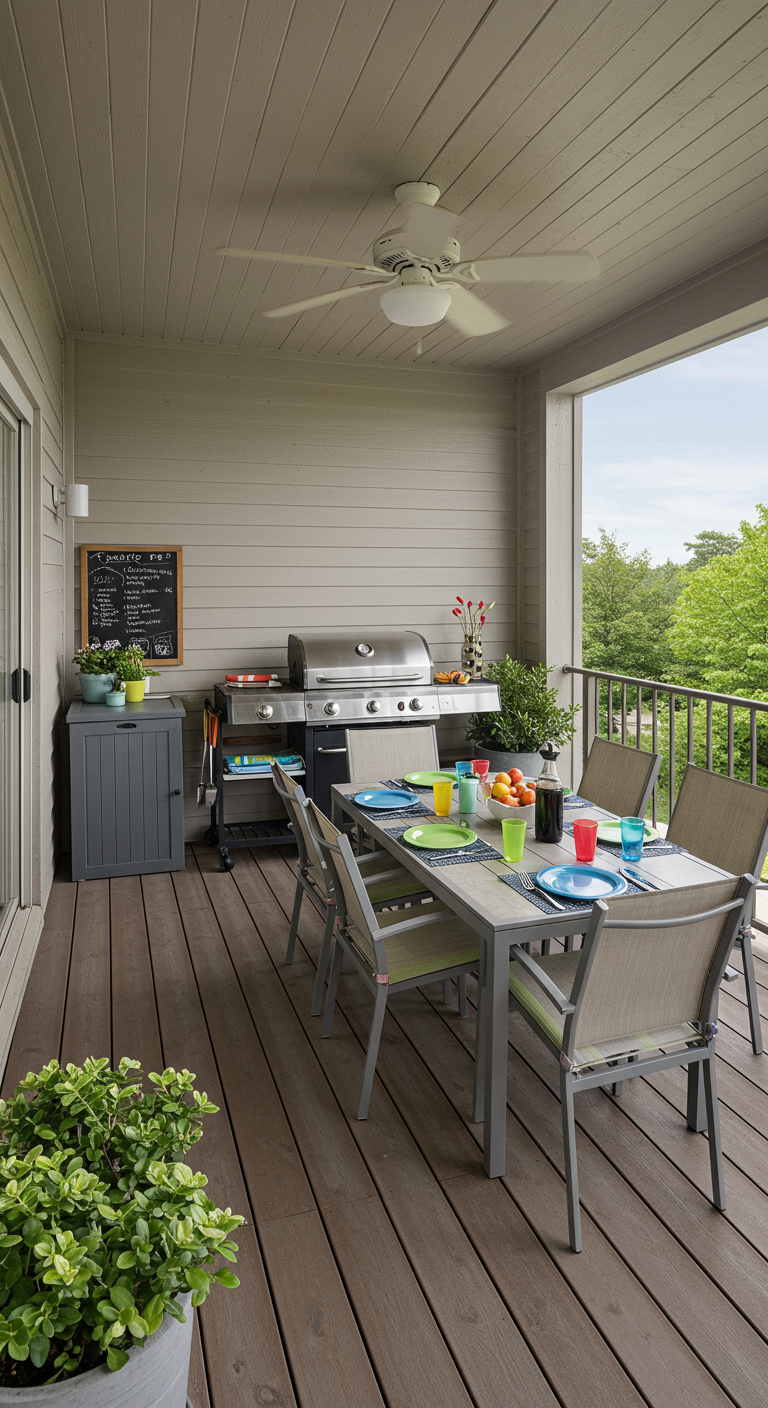 Überdachte Terrasse mit großem Esstisch, Gasgrill und Deckenventilator.