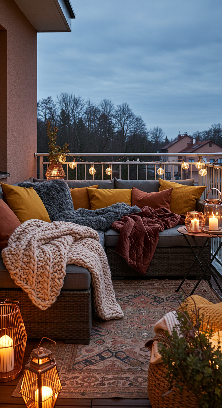 Balkon-Ecksofa mit vielen bunten Kissen, Decken, Teppich, Laternen und Lichterketten.