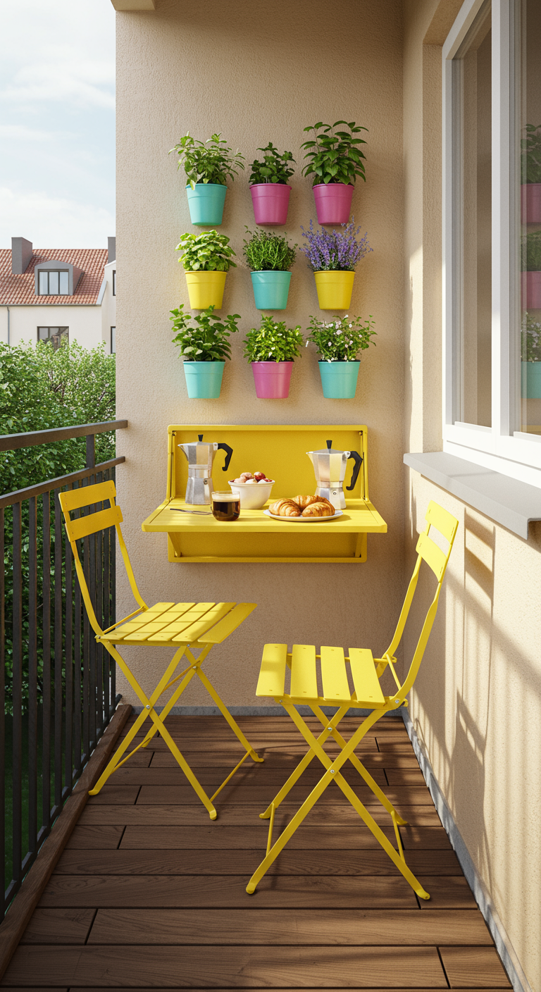 Schmaler Balkon mit gelbem Klapptisch und Stühlen, bunten Kräutertöpfen an der Wand.