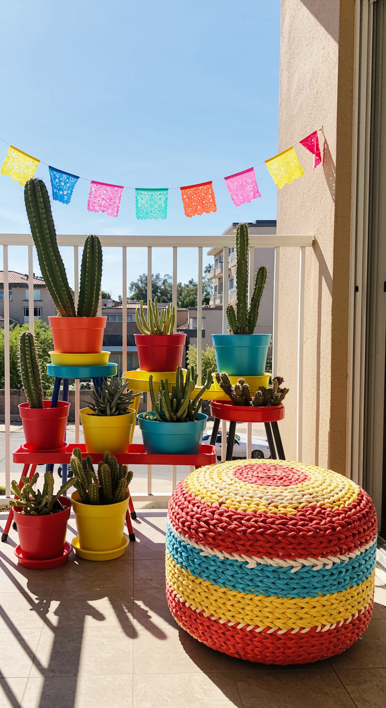 Balkon mit Kakteen in bunten Töpfen, Wimpelkette und buntem Pouf.