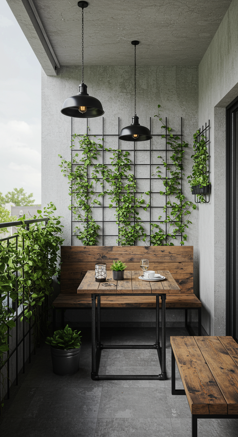 Balkon mit Rankgitter und Kletterpflanzen, Holztisch und -bank, schwarzen Hängelampen.