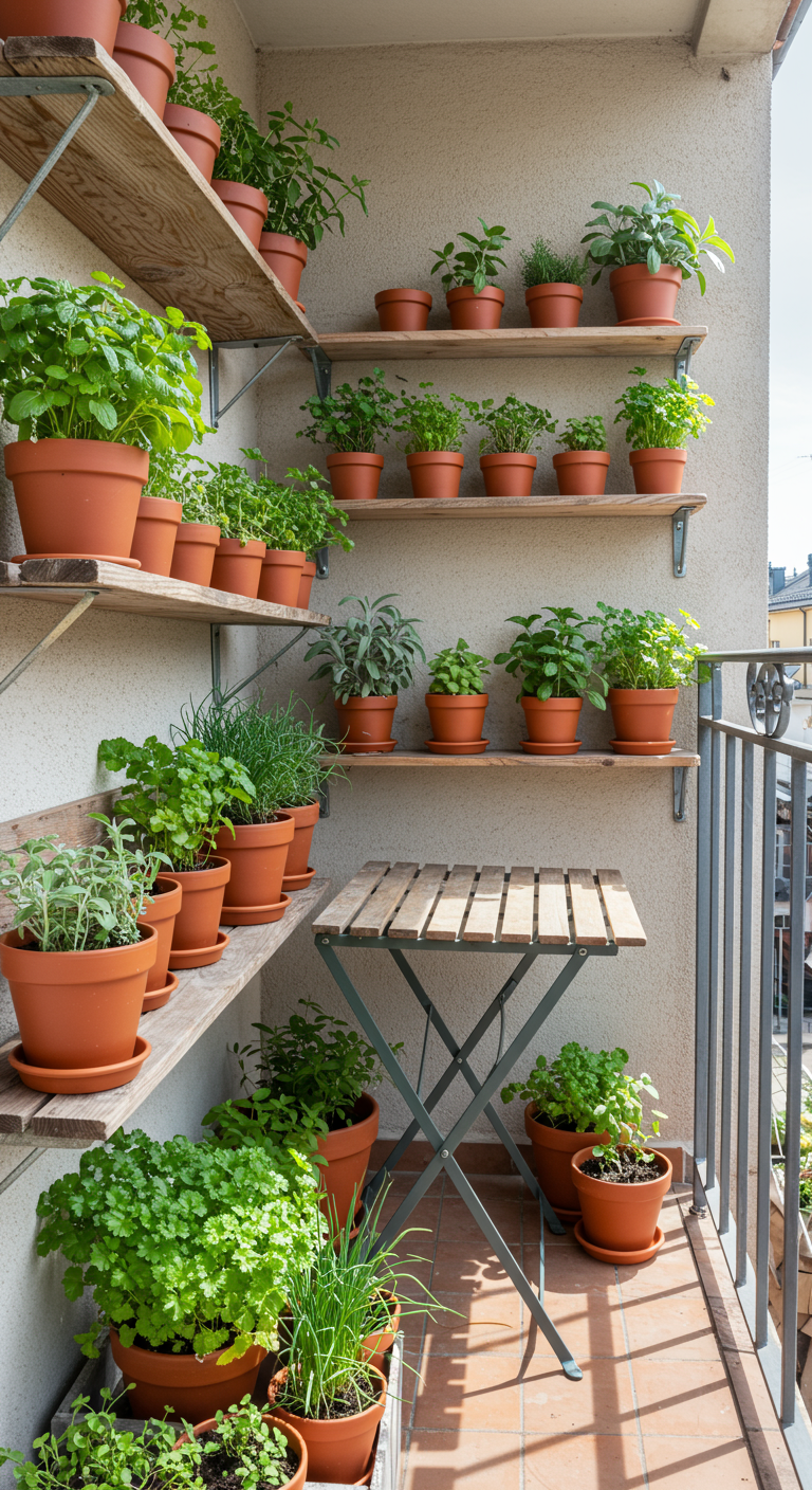 Schmaler Balkon mit Wandregalen voller Kräuter in Terrakotta-Töpfen und Klapptisch.